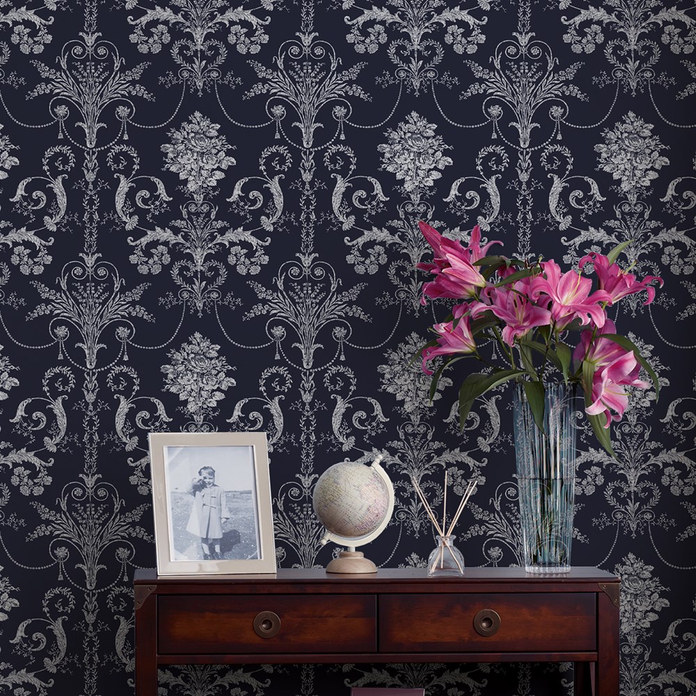 Josette Damask Wallpaper 113386 by Laura Ashley in Midnight Blue